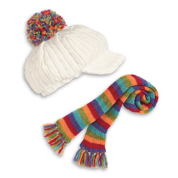 American Girl  JULIE CAP & SCARF White Knit colorful beanie rainbow fringe *New - Picture 1 of 5
